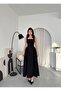 Black Pleated Long Dress with Thick Straps Bodice - 4