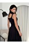 Black Pleated Long Dress with Thick Straps Bodice - 8