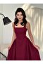 Burgundy Pleated Long Dress with Thick Straps Bodice