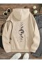 3 Thread Planet Phases Thick Winter Sweatshirt - Beige Printed Oversize Hoodie with Pockets