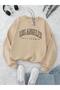 3 Thread Los Angeles California Thick Winter Sweatshirt - Beige Printed Oversize Crew Neck