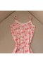 Women's Pink Suspender Shorts Jumpsuit - Lace Detail, Cherry Print, Summer, Relaxed Fit, Thin Fabric - 8