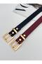 (Black-Burgundy)Thin Square Gold Buckle Belt for Women,Shirt Belt,Dress Belt,Coat Belt