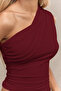 Single Shoulder Gathered Asymmetrical Neckline Burgundy Blouse - 2