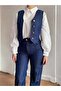 Gold Buttoned High Waist Wide Leg Striped Denim Trousers & Crop Denim Vest - 6