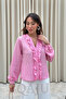 Women's Ruffled Button Long Sleeve Transparent Look Pink Shirt