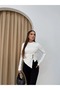 Women's Button Detail White Asymmetrical Long Sleeve Drawstring Basic Crew Neck Blouse - 4