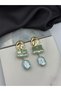 Water Green and Gold Detailed Stone Pearl Dangle Earrings