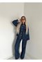 Navy Blue Belted Pocketed Shirt Pants Denim Suit - 5