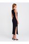 90247 Boat Neck Ribbed Slit Knitwear Dress-Black - 2