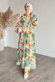 Placket Patterned Chiffon Orange Dress - 4