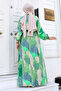 Geometric Patterned Waist Belted Viscose Long Modest Dress Tsd240712 Green - 5