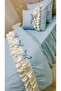 Single fitted sheet with fitted skirt and ruffles, duvet cover and two pillows