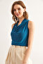 Women's Petrol Blue Back Buttoned Degaje Collar Sleeveless Flowy Blouse Blz-19002833 - 4