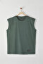 Yeşil Oversize/Geniş Kesim Eskitme/Soluk Efekt Etiket Detaylı T-Shirt/Atlet TMNSS25AL00001 - 2