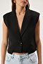 Siyah Oversize Crop Cep Detaylı Dokuma Yelek TWOSS25YE00065 - 3