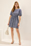Indigo Çizgili Eteği Belden Açılan Cut Out / Volan Mini Dokuma Elbise TWOSS22EL2858 - 2