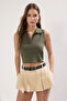 Haki Fitted/Vücuda Oturan Polo Yaka Crop Esnek Örme Bluz TWOSS22BZ0335