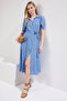 Blue Floral Pattern Belted Midi Woven Viscose Shirt Dress TWOSS20EL1559 - 2