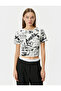 Crew Neck Cotton Crop T-Shirt - Printed and Ribbed, Short Sleeve - 3