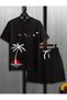 Birds and Palm Print T-Shirt Short Wide Leg Comfortable Fit Black Bottom Black Top Short Suit