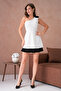 Women's White Lined Atlas Fabric Shoulder Double Rose Design Skirt Pleated Mini Flared Dress 9357 - 9