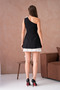 Women's Black Lined Atlas Fabric Shoulder Double Rose Design Skirt Pleated Mini Flared Dress 9357 - 3