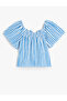 Square Neck Short Sleeve Gipe Detail Striped Blouse - 2