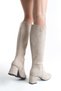 Women's Suede Cream Heeled Leather Look Zippered Long Boots - 4