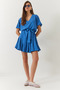 Women's Blue Ruffle Detailed V-Neck Belted Dress 60251019