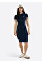 Women's Dark Navy V-Neck Short Sleeve Long Dress — Modern Design for Versatile Effortless Look - 3