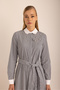 Navy Blue Striped Cotton Dress with Embroidery Detail - 3