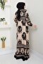 Colorful Patterned Viscose Dress - Black Beige/ E0122 - 7