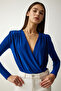 Padded Wrap Neck Knitted Blouse - Cobalt Blue Lff0003 - 4