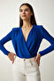 Padded Wrap Neck Knitted Blouse - Cobalt Blue Lff0003 - 2