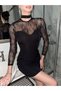 Women's Black Cycling Neck Zipper Lace Detail Mini Dress - 2