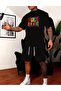 Black Printed Comfortable T-Shirt Set - Short Loose Leg, Top and Bottom Set