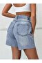 Blue Snow Washed Jeans Shorts with Tassel Detail - 3