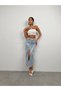 Foil Printed Slit Button and Pocket Detailed Maxi Women's Denim Skirt 23W02028