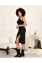 BLACK ASYMMETRIC COLLAR BEATHER SLIP DETAIL SINGLE SLEEVE MIDI SIZE KNITTED DRESS - 5