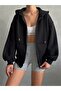 Women's Black Zippered Oversize Sweat Cardigan