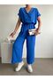 Women's Blue Button Detailed Belted Jumpsuit