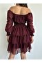 Women's Burgundy Patterned Square Collar Skirt Layered Lined Chiffon Dress - 2