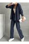 Women's Navy Blue Textured Rustic Bottom Top Shirt Set - 3