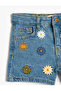 Floral Embroidery Detailed Pocket Cotton Denim Shorts - 3