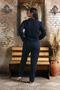 Women's Navy Blue Red Ribbed Long Sleeve Cotton Comfortable Pajamas Set - 4