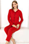 Women's Red Black Ribbed Long Sleeve Cotton Comfortable Pajamas Set - 3