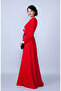 Red Crew Neck Long Sleeve Woven Fabric Waist Drawstring Belted Maxi Length Invitation & Evening Dress with Pockets - 4