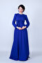 Sax Crew Neck Long Sleeve Woven Fabric Waist Shirred Belted Maxi Length Invitation & Evening Dress with Pockets - 2