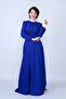Sax Crew Neck Long Sleeve Woven Fabric Waist Shirred Belted Maxi Length Invitation & Evening Dress with Pockets - 3